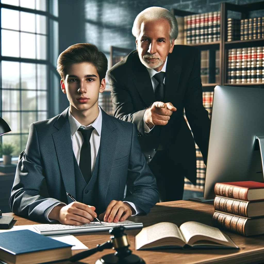 DALL·E 2024-03-25 19.09.14 - Create a photorealistic image of a young lawyer sitting at their desk in front of a computer, with an experienced lawyer standing behind them, pointin